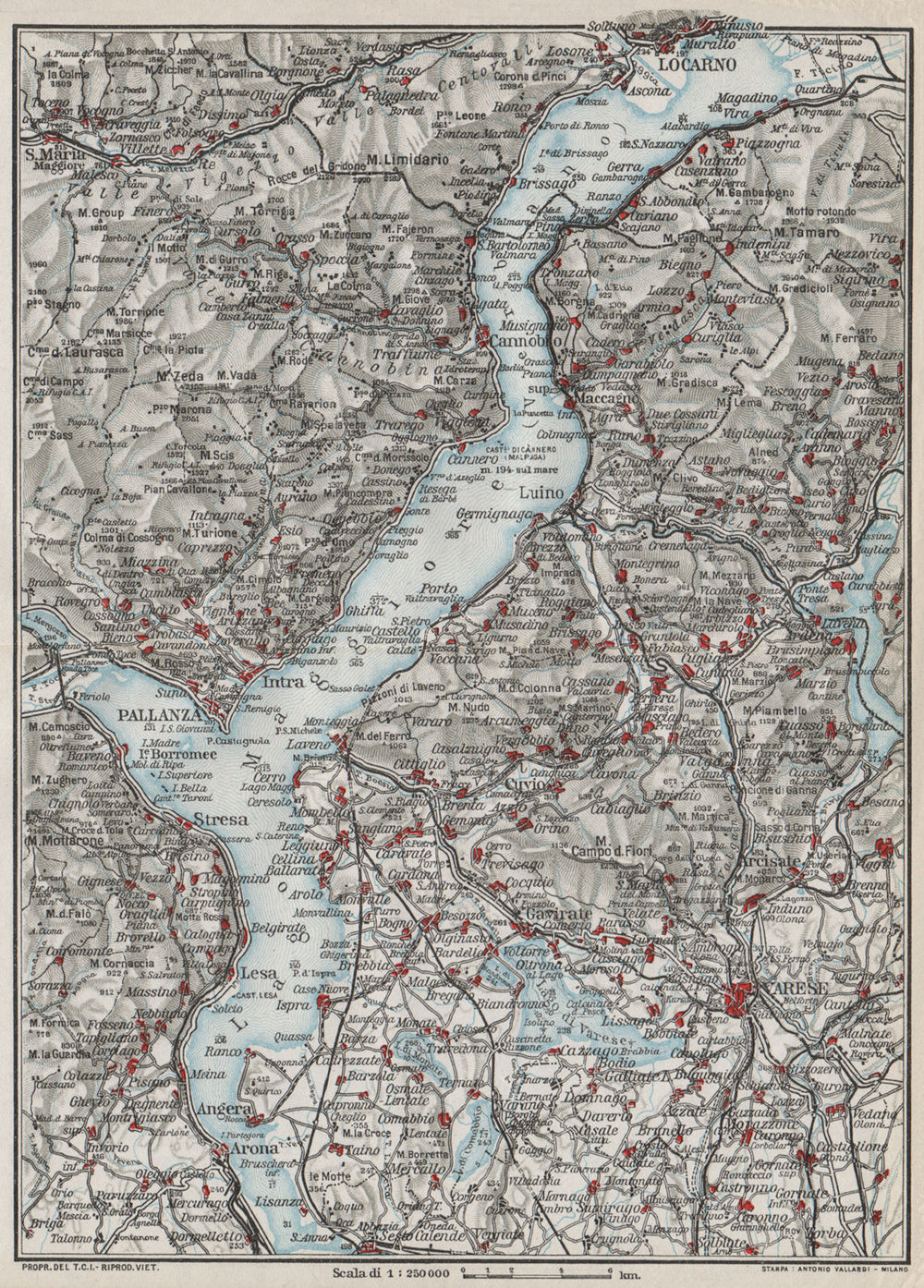 LAKE LAGO MAGGIORE. Locarno Varese Pallanza. Vintage map plan. Italy 1924