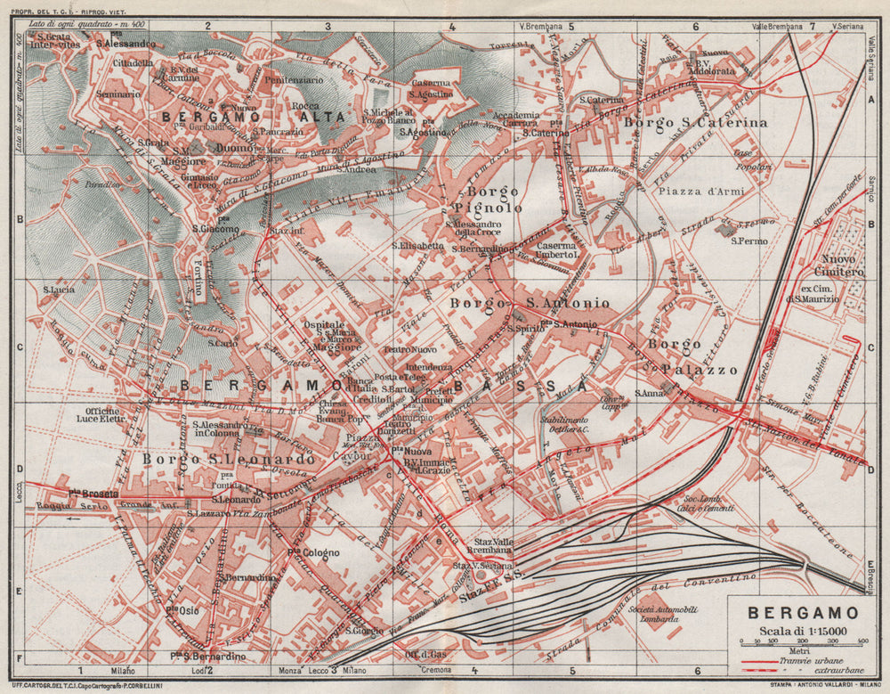 BERGAMO. Vintage town city map plan. Italy 1924 old antique chart