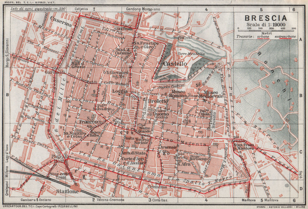BRESCIA. Vintage town city map plan. Italy 1924 old antique chart