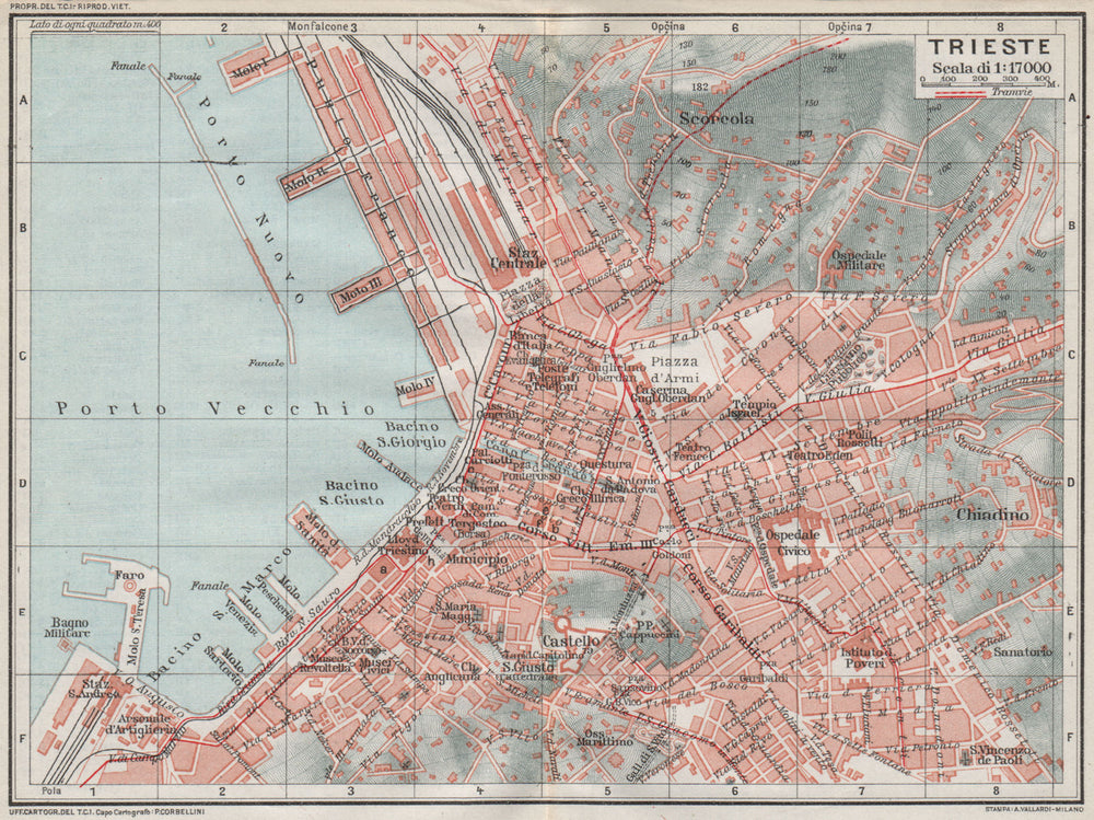 TRIESTE. Vintage town city map plan. Italy 1924 old antique chart
