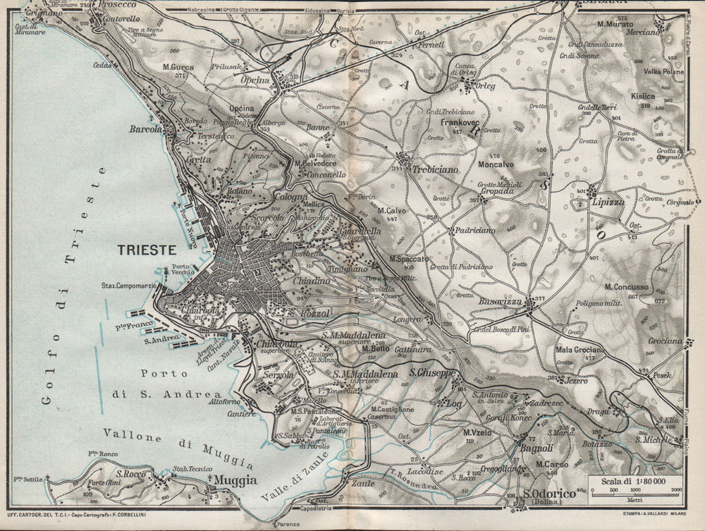 TRIESTE & ENVIRONS. Vintage town city map plan. Italy 1924 old antique
