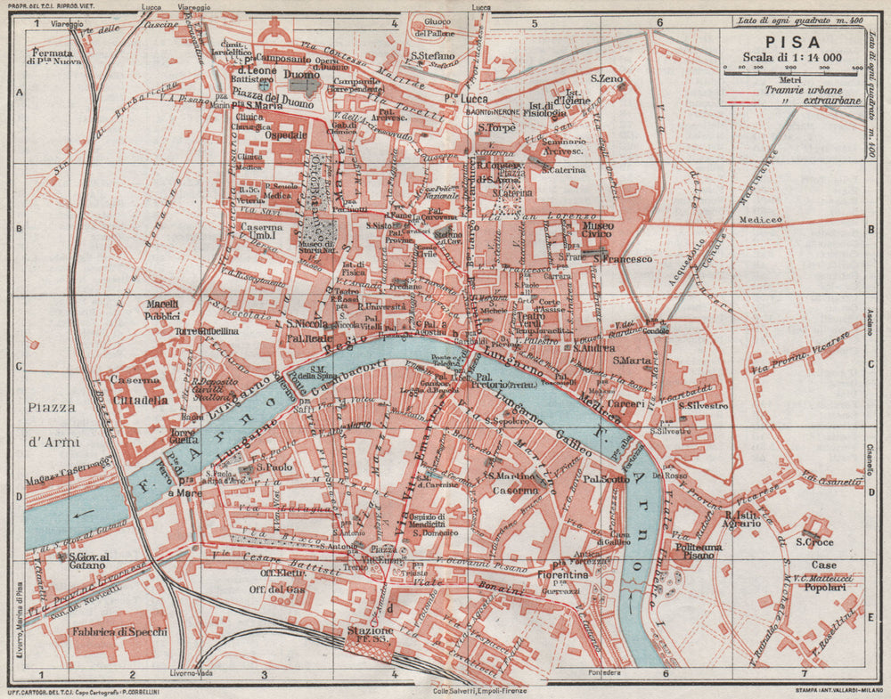 PISA. Vintage town city map plan. Italy 1924 old antique chart