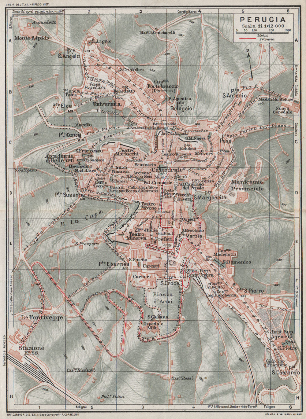 PERUGIA. Vintage town city map plan. Italy 1924 old antique chart