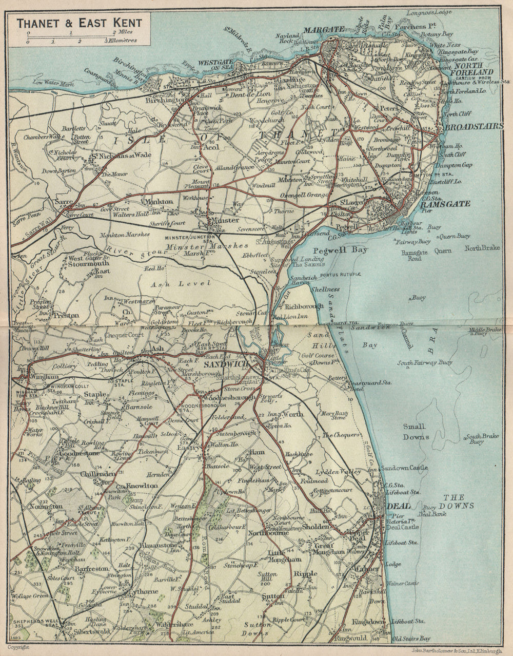 ISLE OF THANET & EAST KENT. Ramsgate Margate Sandwich Deal Broadstairs 1930 map
