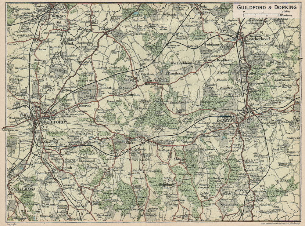 SURREY HILLS. Guildford Dorking Godalming Leatherhead Woking. Vintage map 1930