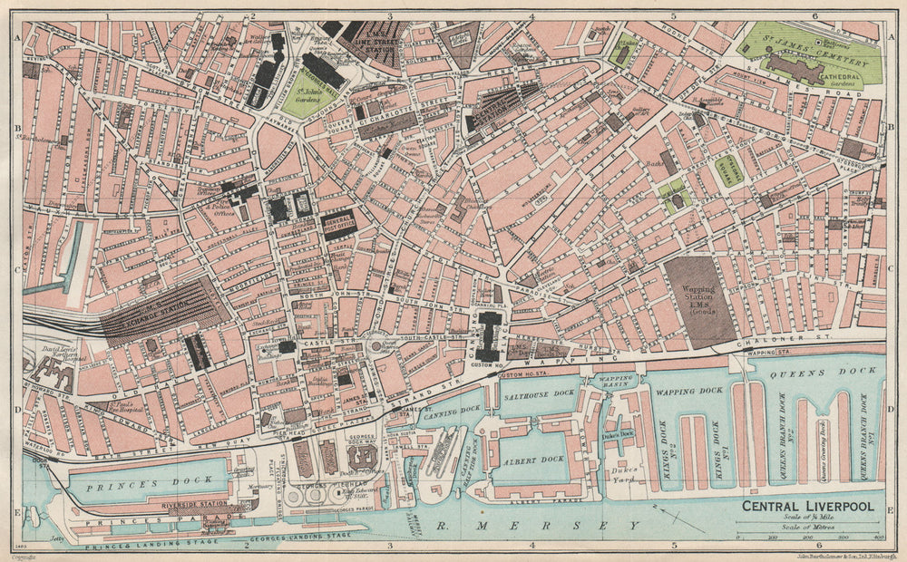 CENTRAL LIVERPOOL. Vintage town city map plan. Liverpool 1930 old vintage