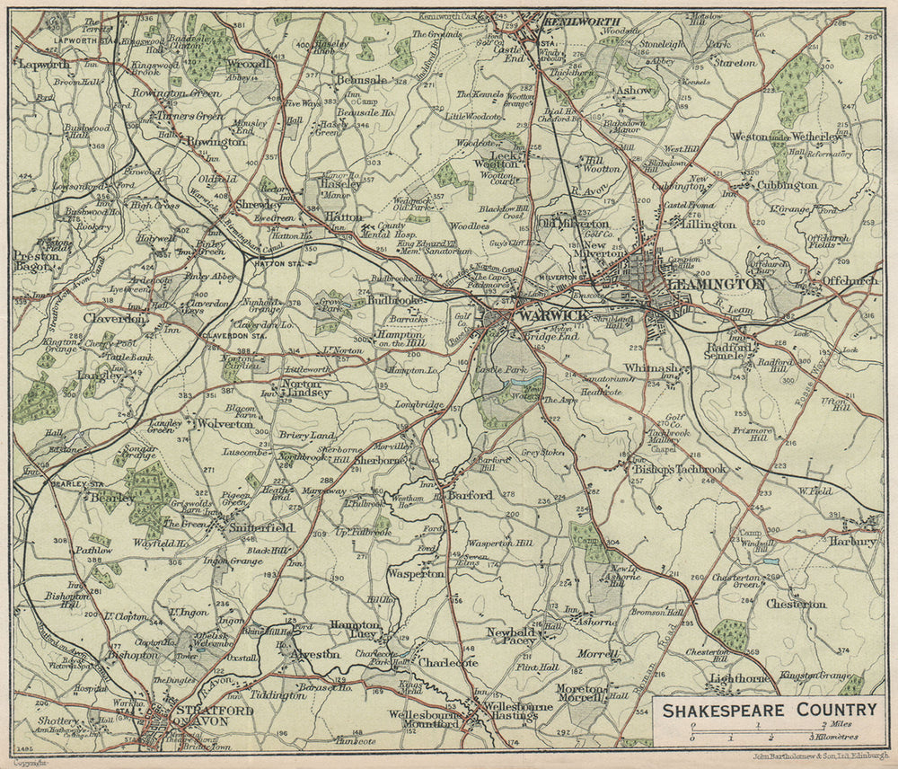SHAKESPEARE COUNTRY. Stratford-on-Avon Warwick Leamington Spa. Warcs 1930 map