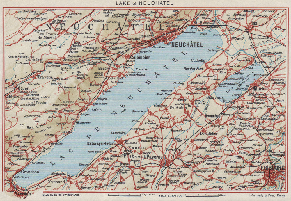 LAKE OF/LAC DE NEUCHÂTEL. Switzerland. Neuchatel Fribourg Yverdon 1948 old map