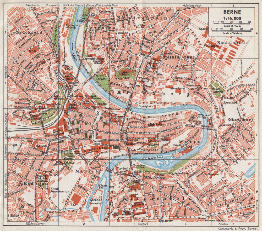 BERNE. Vintage town city map plan. Switzerland. Berne 1948 old vintage