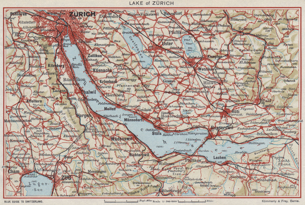 LAKE ZÜRICH. Zürichsee Zug Uster Rüti Rapperswil. Vintage map. Switzerland 1948