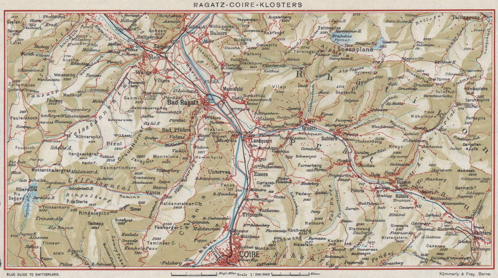 RAGATZ-CHUR-KLOSTERS. Grusch Bad Ragaz Fideris. Vintage map. Switzerland 1948