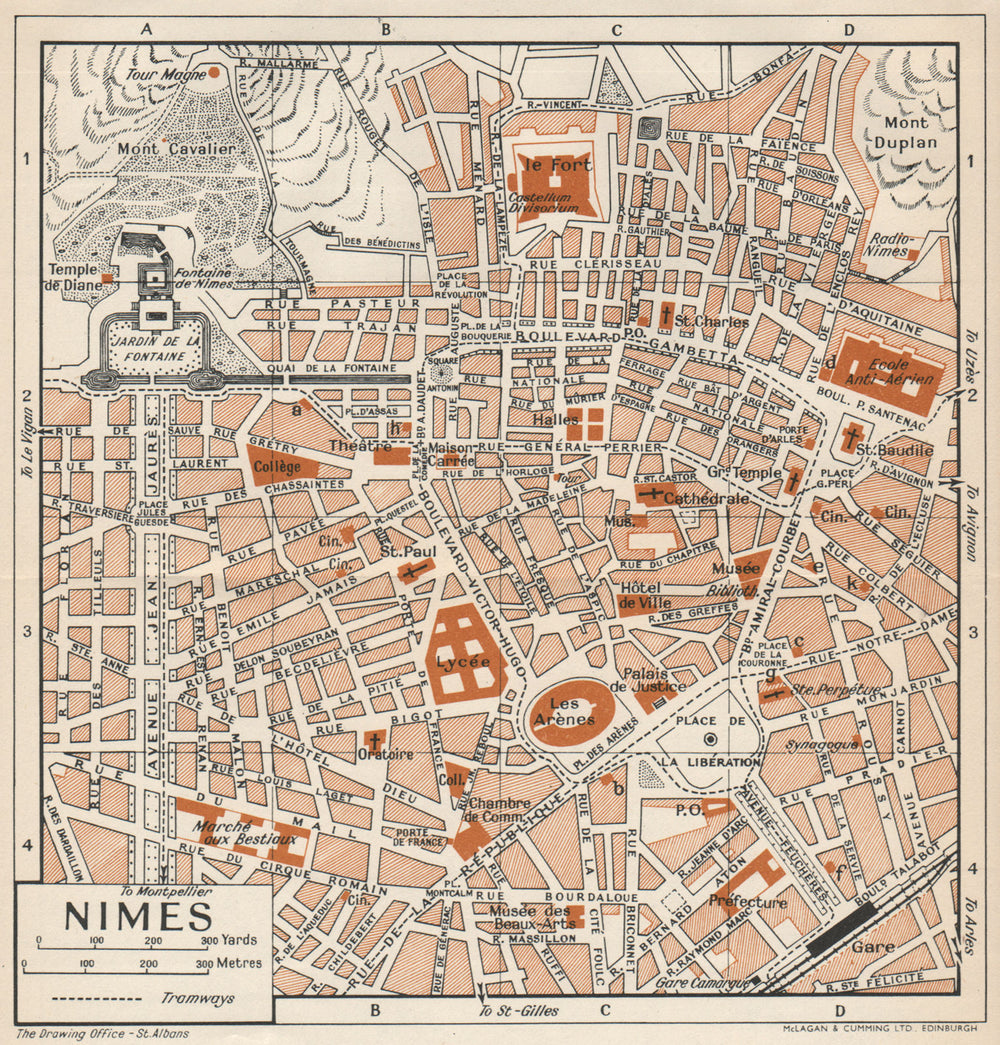 NIMES. Vintage town city map plan. Gard 1954 old vintage chart