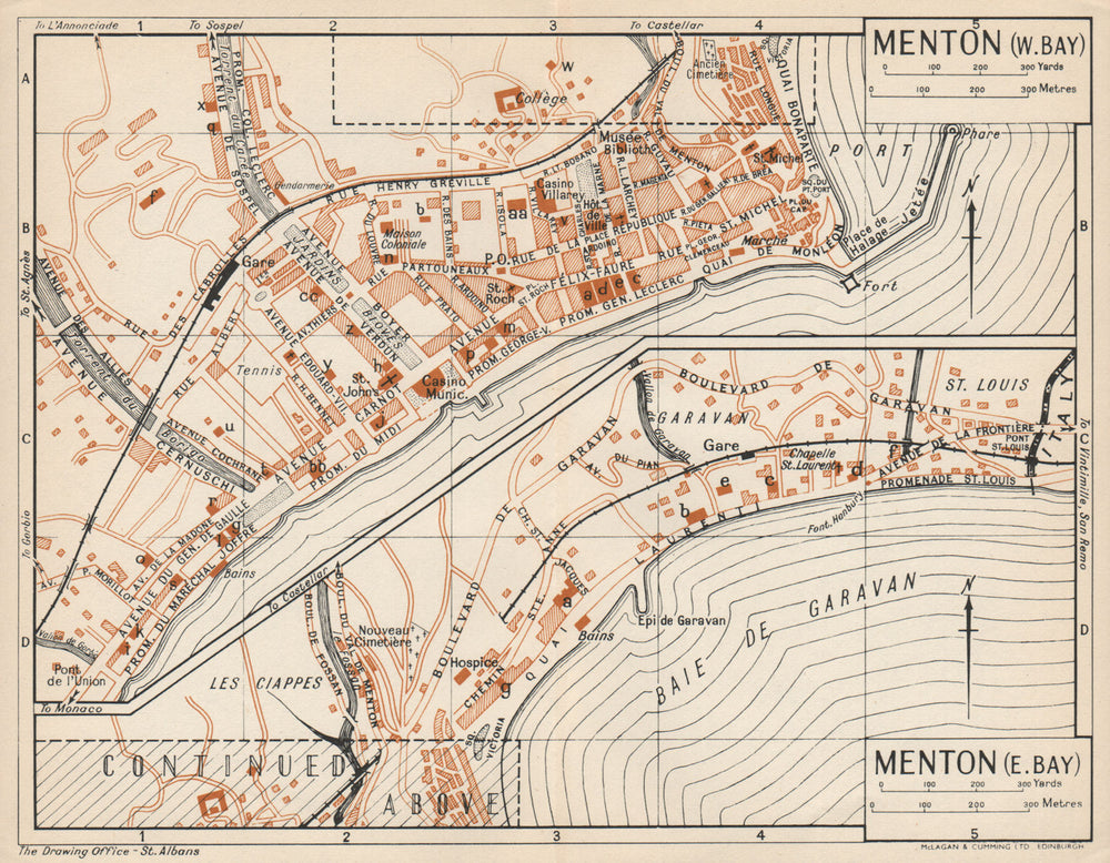 MENTON. Vintage town city map plan. Alpes-Maritimes. Menton 1954 old