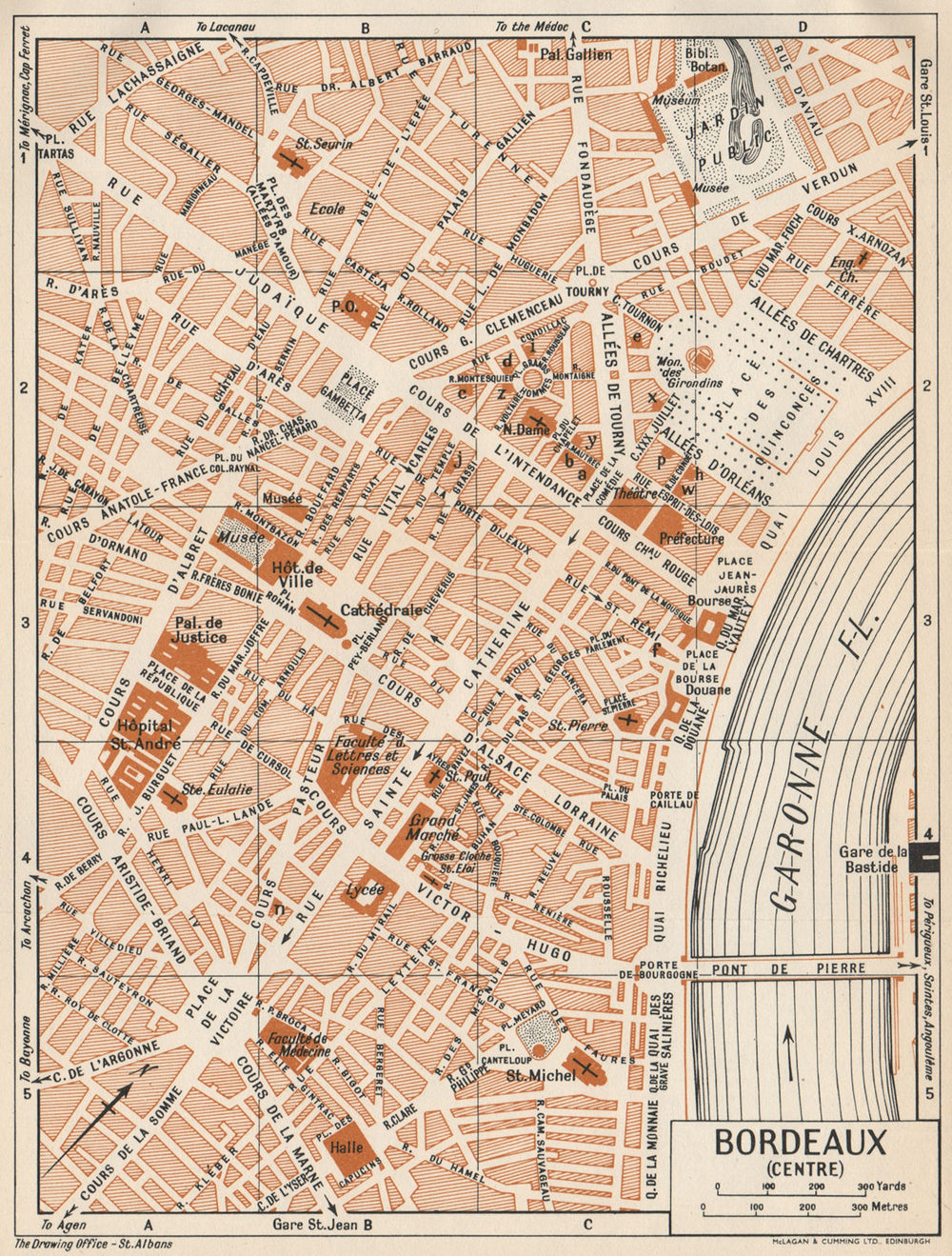 BORDEAUX. Centre. Vintage town city map plan. Gironde 1954 old vintage