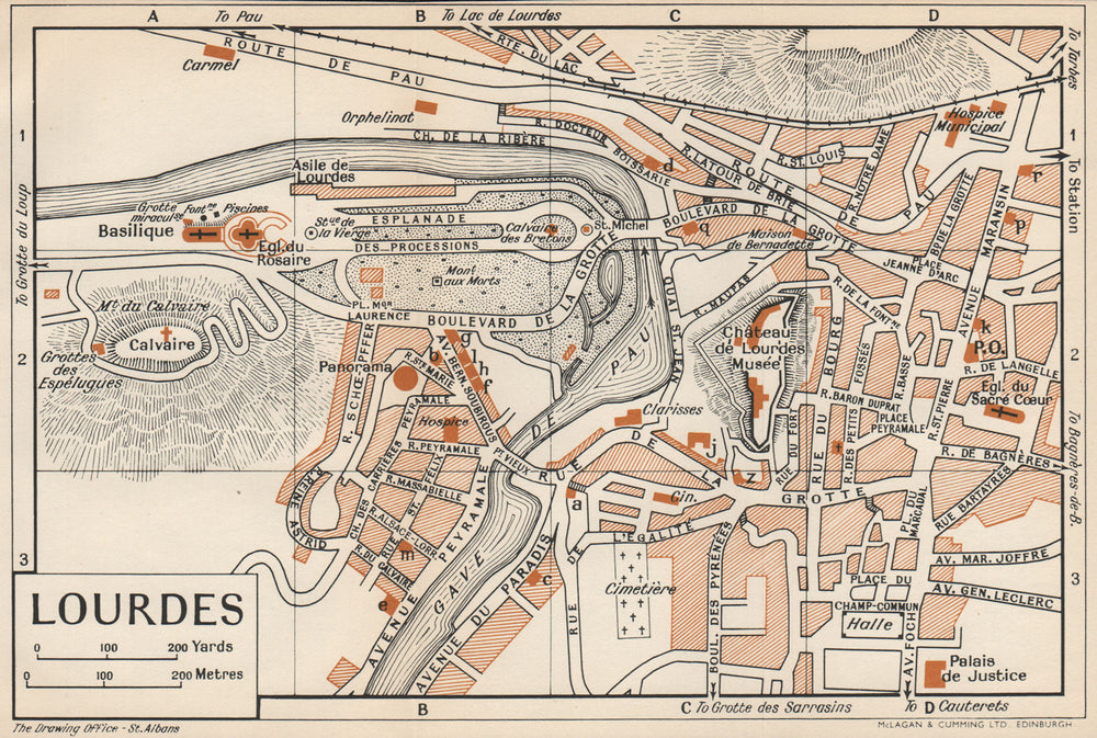 LOURDES. Vintage town city map plan. Hautes-Pyrénées 1954 old vintage