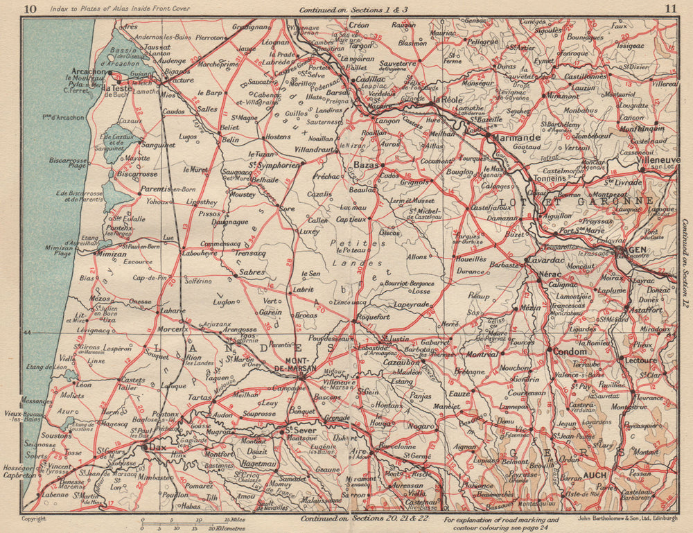 LANDES. Côte d'argent. Arcachon Dax Auch Agen Mont-de-Marsan. Aquitaine 1954 map