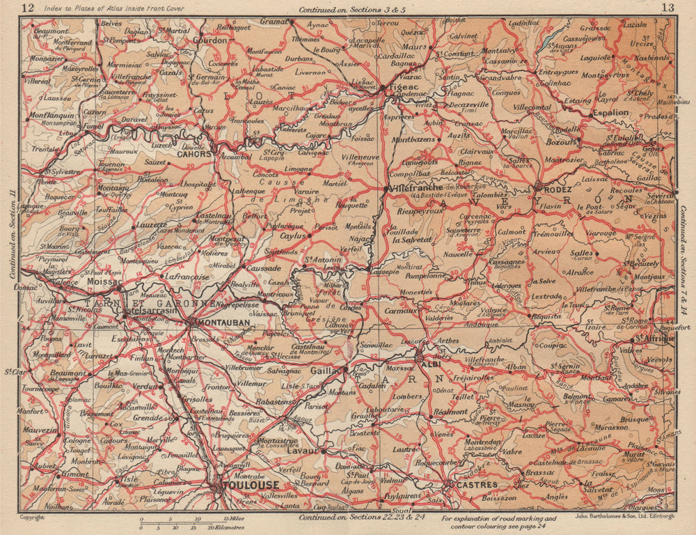 MIDI-PYRÉNÉES.Toulouse Montauban Rodez Castres Albi Cahors.Lot Aveyron 1954 map