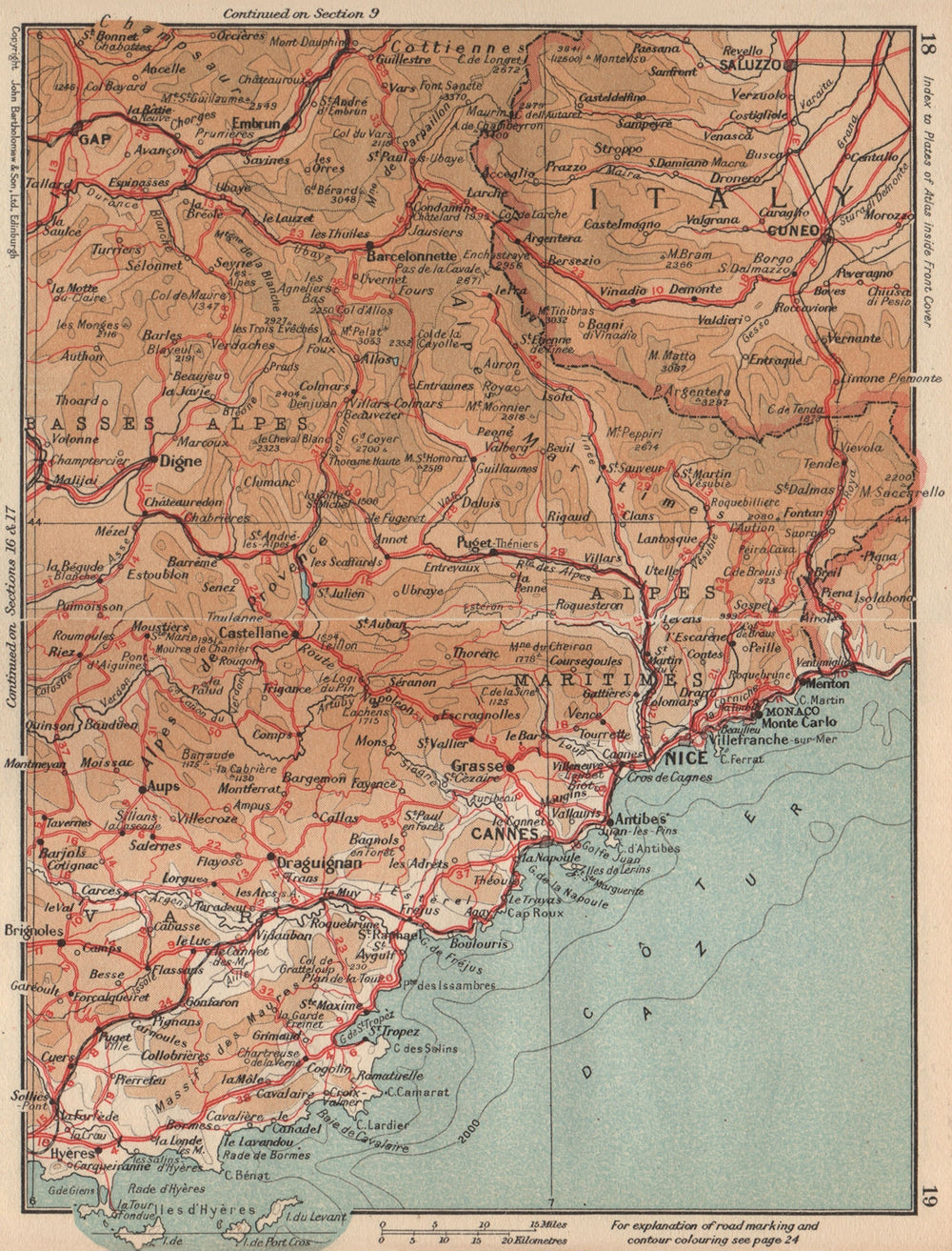 CÔTE D'AZUR. Nice Cannes Hyères St Tropez Antibes Monaco. Provence Var 1954 map