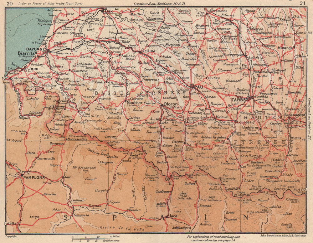 PYRÉNÉES WEST.Biarritz Bayonne Dax Pau Tarbes Pamplona Lourdes Bagnères 1954 map