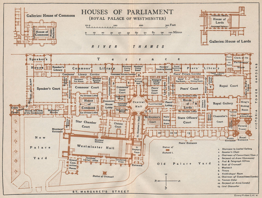 HOUSES OF PARLIAMENT (PALACE OF WESTMINSTER) . Vintage map plan. London 1927