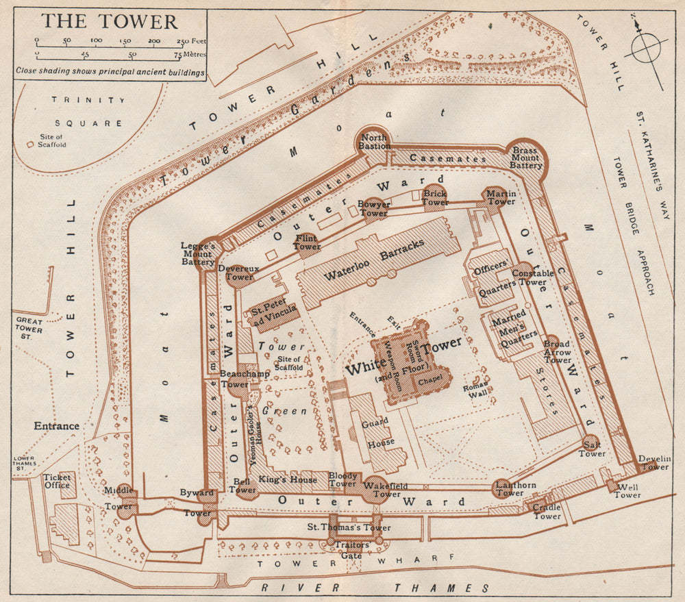TOWER OF LONDON. Vintage map plan 1927 old vintage chart