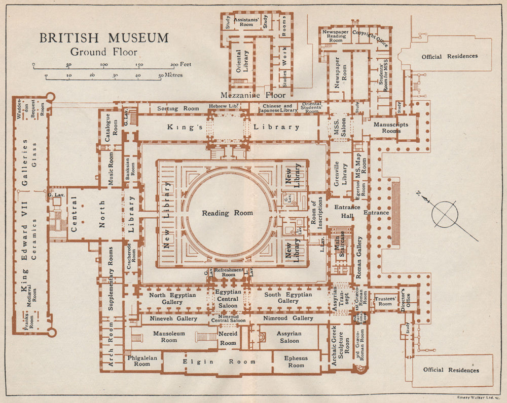 BRITISH MUSEUM. Ground floor vintage map plan. London 1927 old vintage