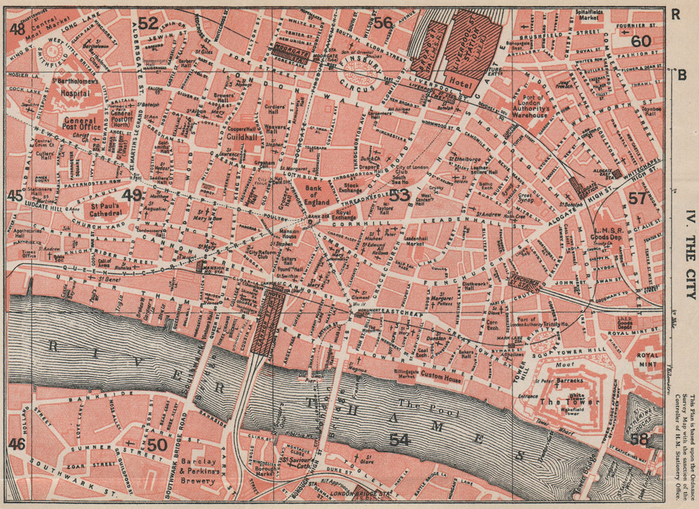 CITY OF LONDON. Tower St Paul's Bank Liverpool Street Aldgate. Vintage map 1927