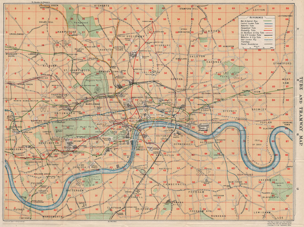 LONDON TUBE AND TRAMWAY MAP. Vintage underground plan. London 1927 old