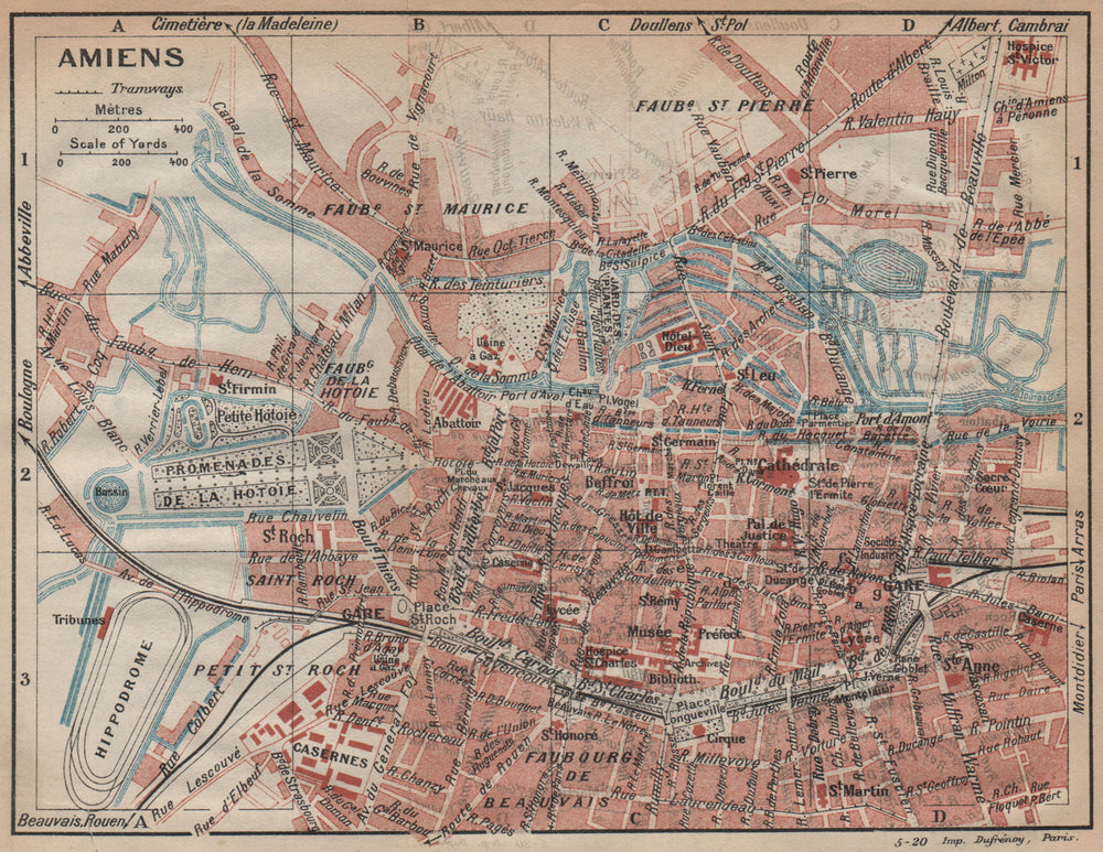 AMIENS. Vintage town city map plan. Somme 1920 old antique chart