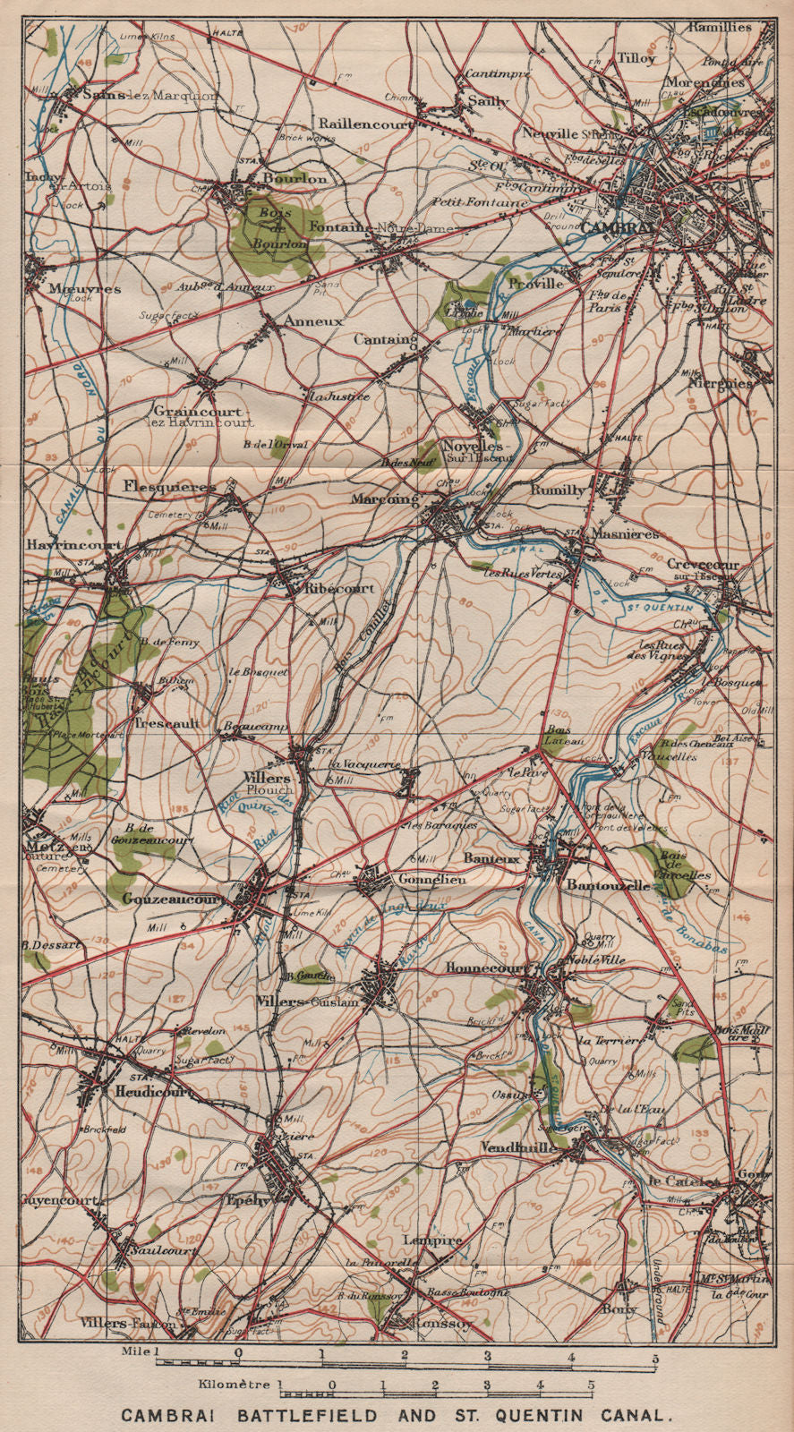 WW1 CAMBRAI BATTLEFIELD & ST QUENTIN CANAL. Marcoing Epéhy. Nord 1920 old map
