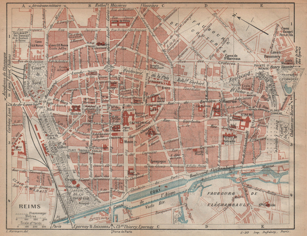 REIMS. Vintage town city map plan. Marne 1920 old antique chart