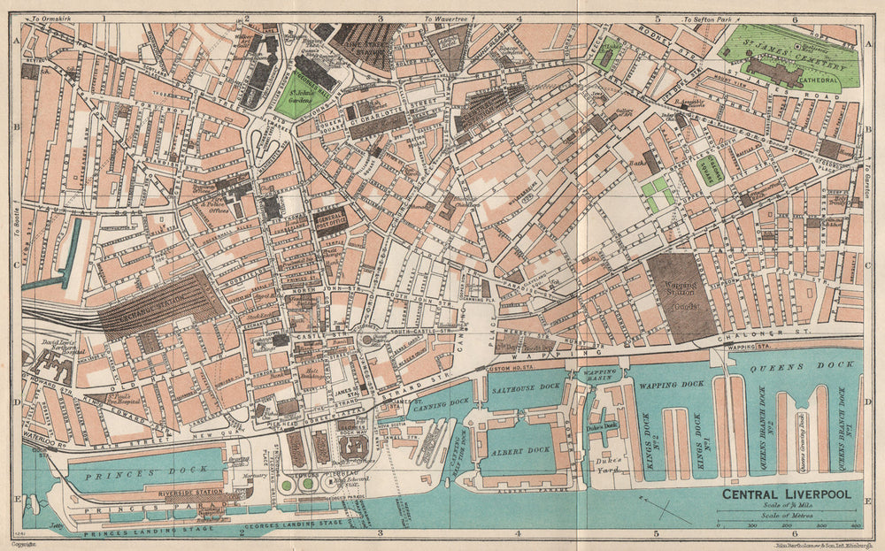 CENTRAL LIVERPOOL. Vintage town city map plan. Liverpool 1950 old vintage