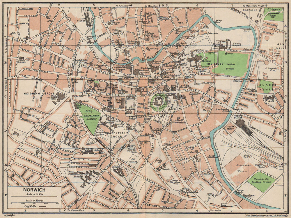NORWICH. Vintage town city map plan. Norfolk 1950 old vintage chart