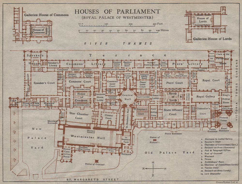 HOUSES OF PARLIAMENT (PALACE OF WESTMINSTER) . Vintage map plan. London 1919