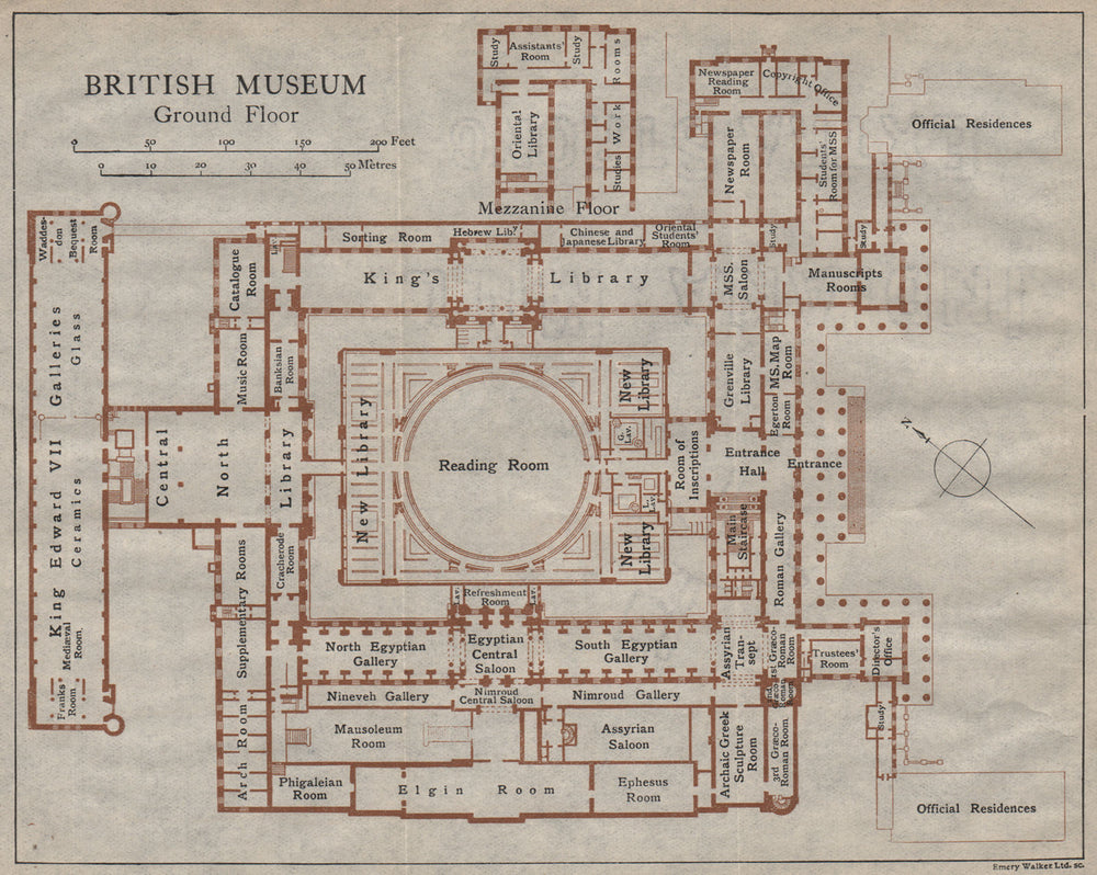 BRITISH MUSEUM. Ground floor vintage map plan. London 1919 old antique