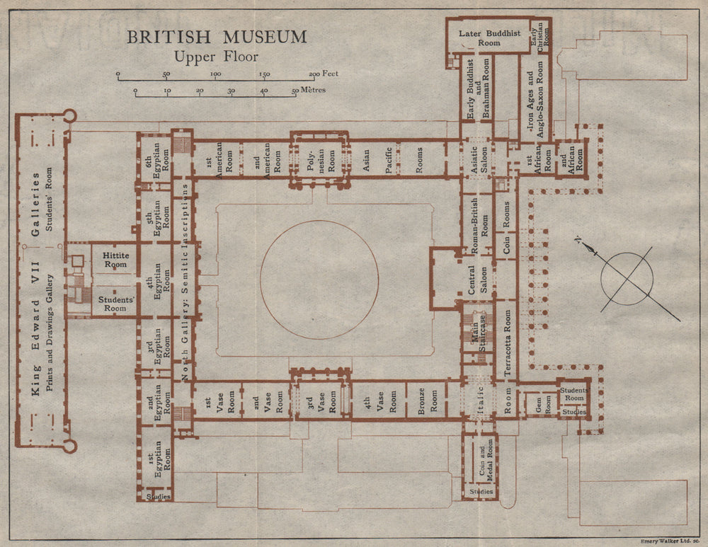 BRITISH MUSEUM. Upper floor vintage map plan. London 1919 old antique