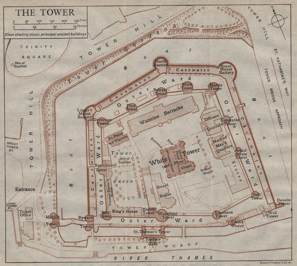 TOWER OF LONDON. Vintage map plan 1919 old antique chart