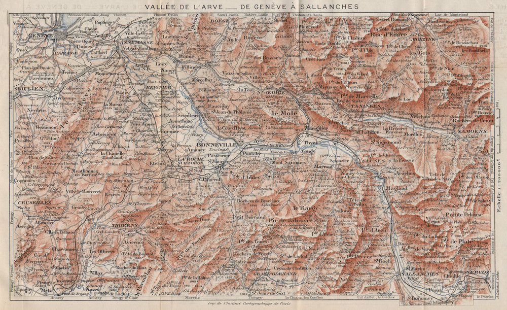 VALLÉE DE L'ARVE.Genève-Sallanches.Morzine Les Gets Samoëns Gd Bornand 1923 map