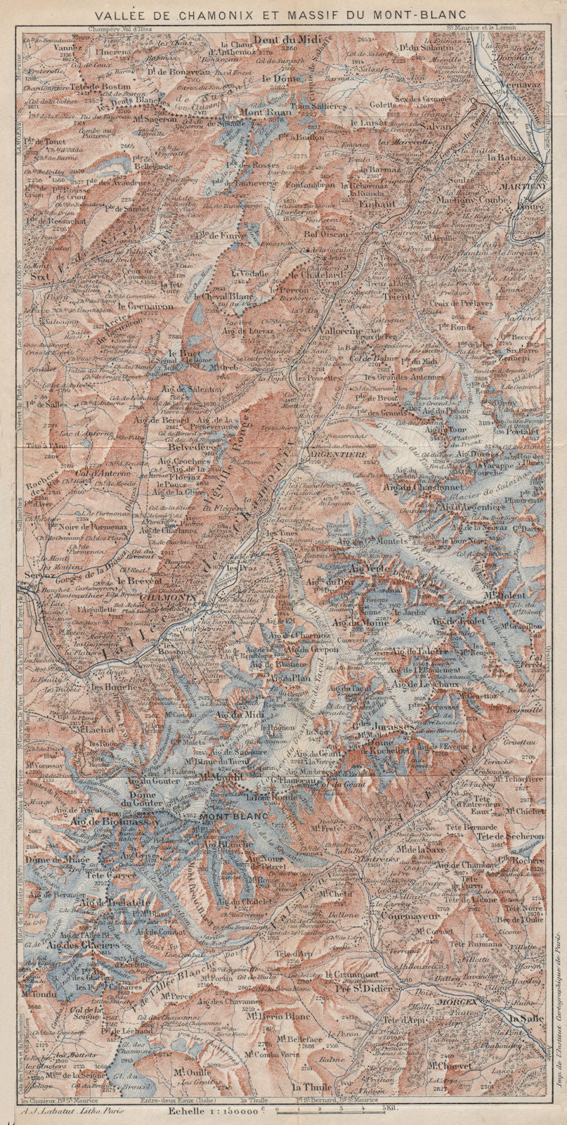 VALLÉE CHAMONIX MONT-BLANC MASSIF. Les Houches Argentière Haute-Savoie 1923 map