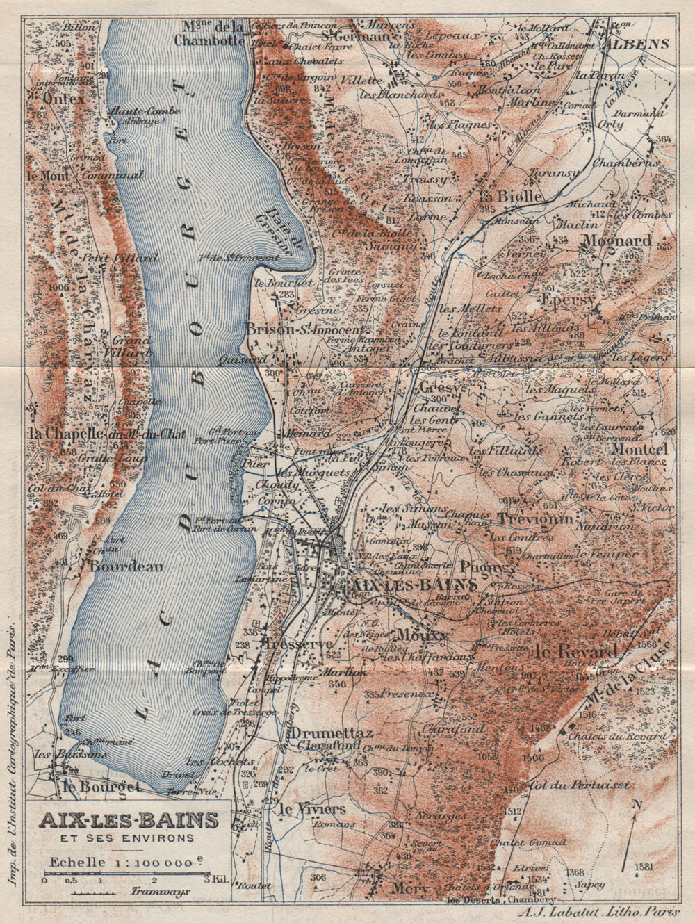 AIX-LES-BAINS & ENVIRONS. Vintage map plan. Lac du Bourget. Savoie 1923