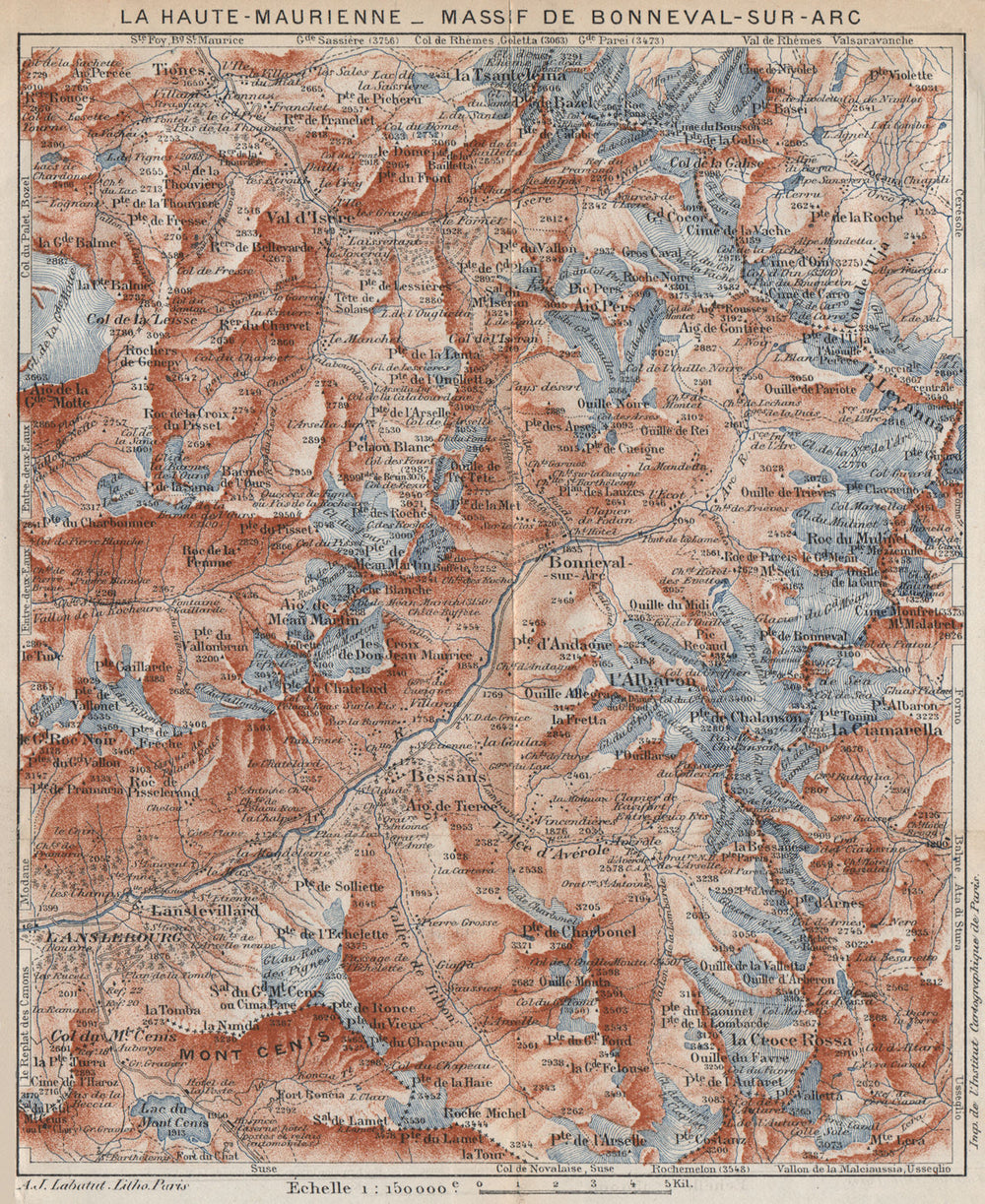 LA HAUTE-MAURIENNE.Massif de Bonneval-sur-Arc.Tignes Val d'Isère.Savoie 1923 map