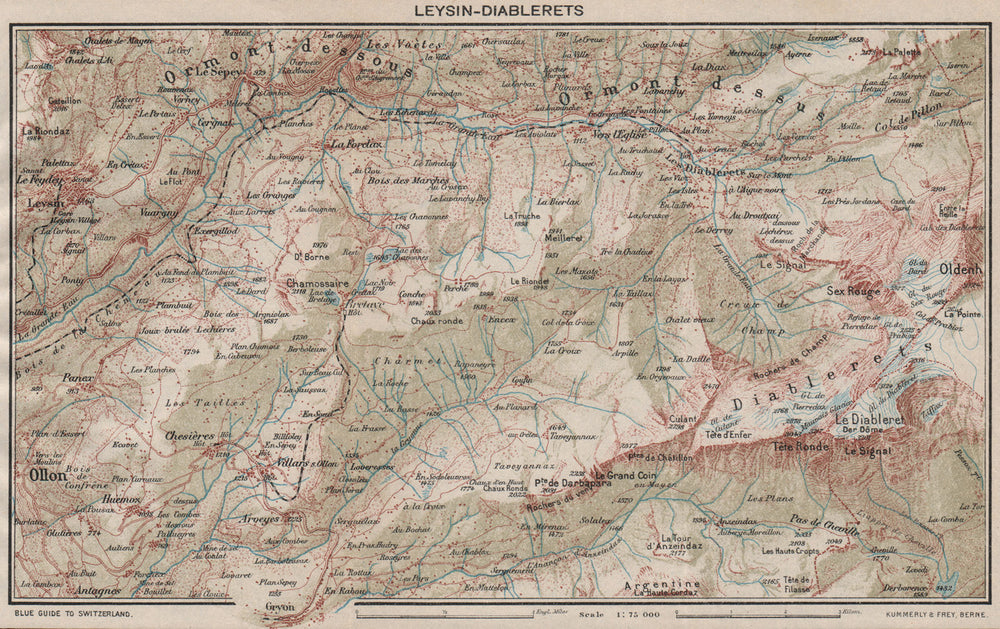GRANDE-EAU VALLÉE. Leysin Diablerets. Vaud. Vintage map. Switzerland 1930