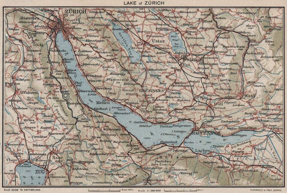 LAKE ZÜRICH. Zürichsee Zug Uster Rüti Rapperswil. Vintage map. Switzerland 1930