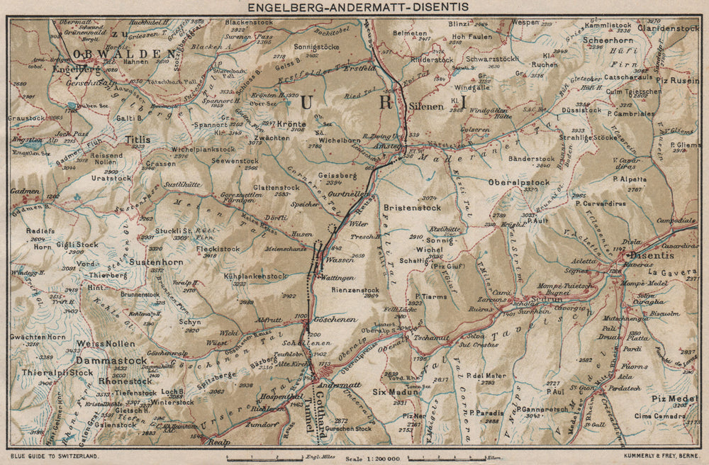 ENGELBERG ANDERMATT DISENTIS-SEDRUN. Uri Grisons Berne. Vintage map 1930