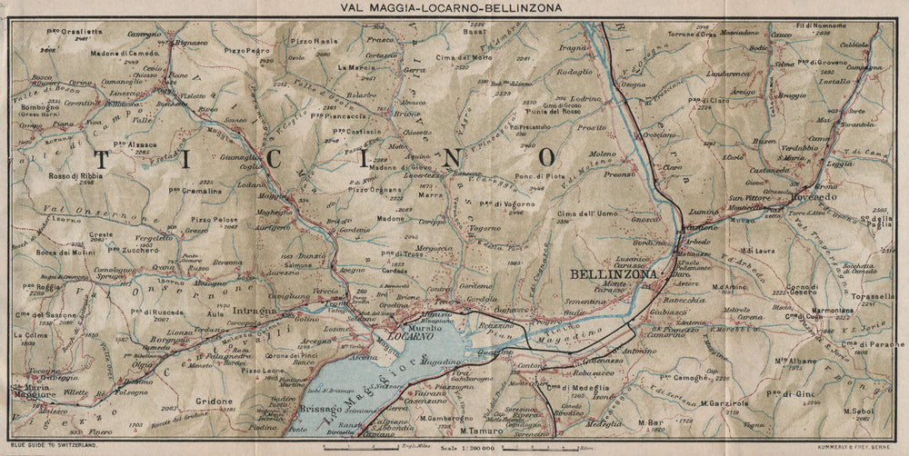 VAL MAGGIA-LOCARNO-BELLINZONA. Ticino Lake Maggiore Cardada. Vintage map 1930