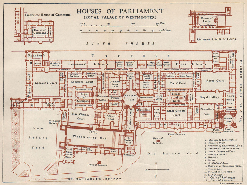 HOUSES OF PARLIAMENT (PALACE OF WESTMINSTER) . Vintage map plan. London 1935