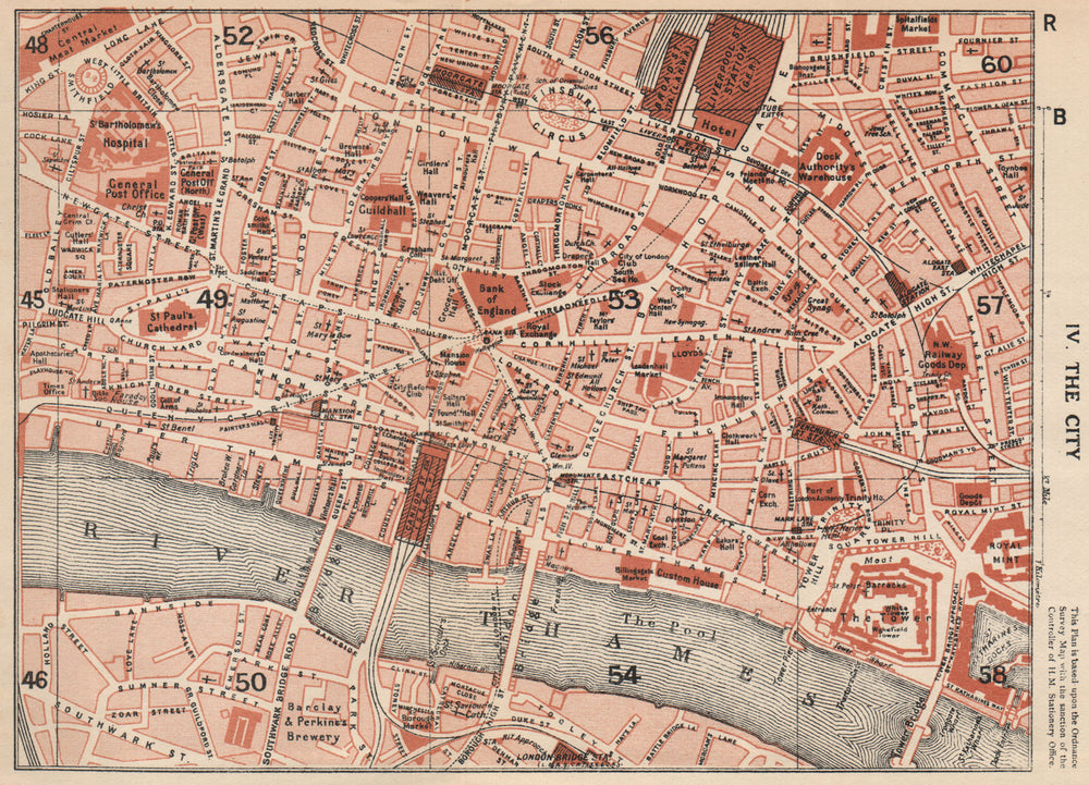CITY OF LONDON. Tower St Paul's Bank Liverpool Street Aldgate. Vintage map 1935