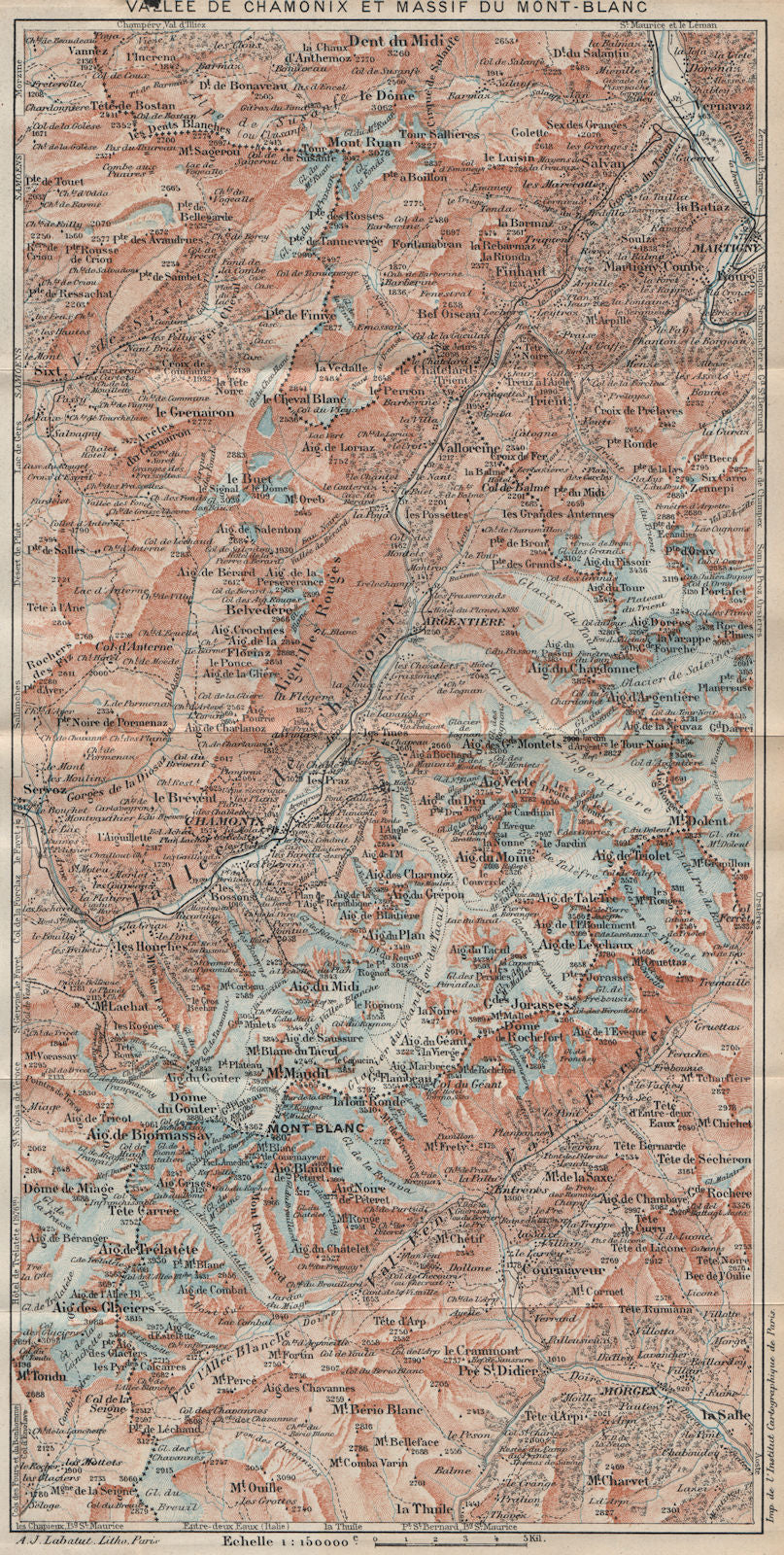 VALLÉE CHAMONIX MONT-BLANC MASSIF. Les Houches Argentière Haute-Savoie 1920 map