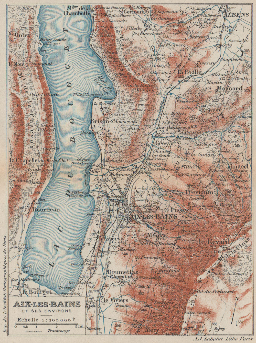 AIX-LES-BAINS & ENVIRONS. Vintage map plan. Lac du Bourget. Savoie 1920