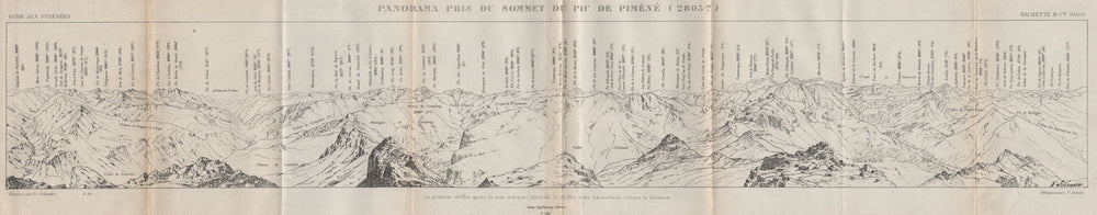 PIC DE PIMÉNÉ PANORAMA. Vintage plan. Hautes-Pyrénées 1907 old antique map
